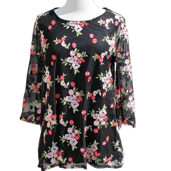 Charter Club Woman's Embroidered Floral Blouse Black Netting sheer Layered Size - Picture 1 of 15